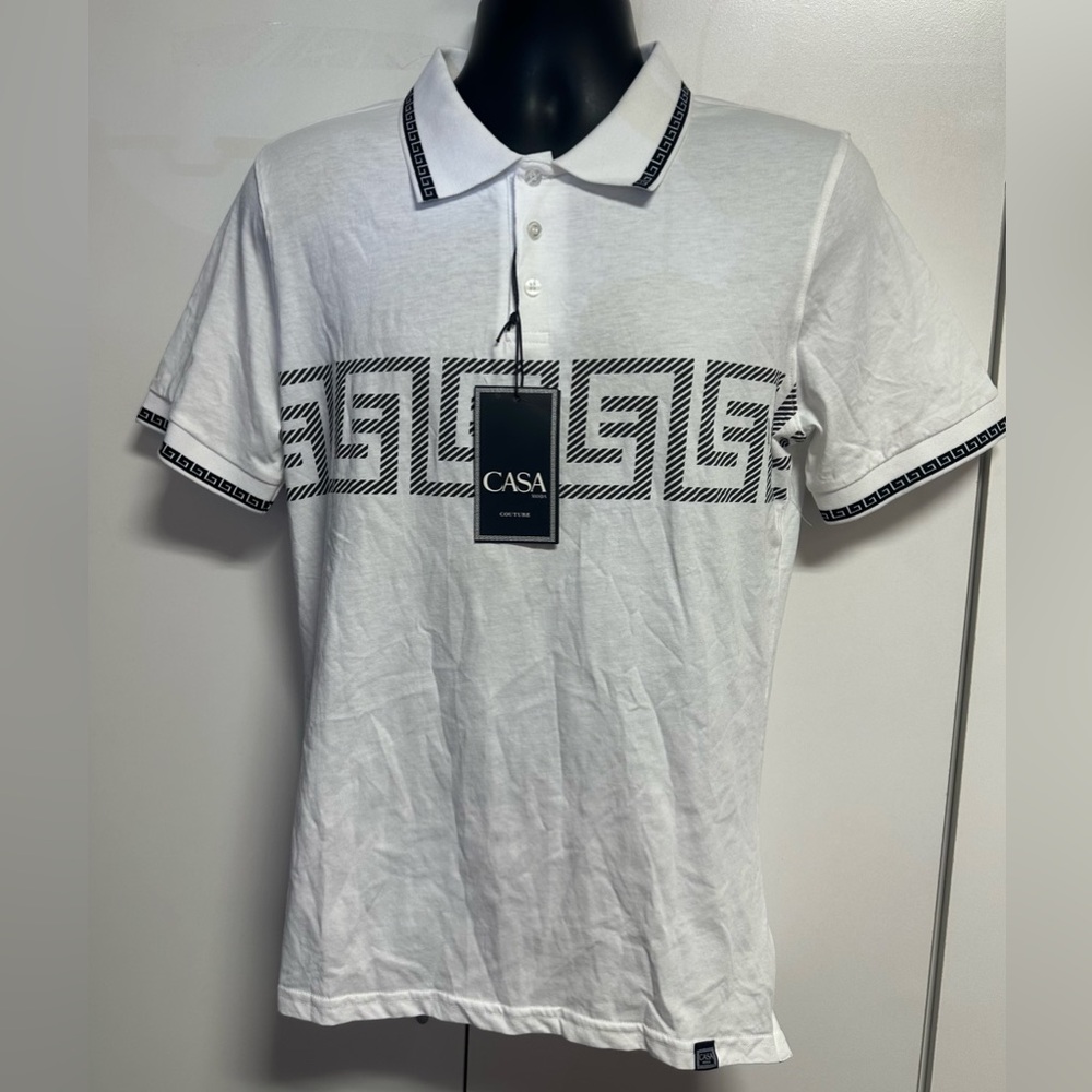 Casa Moda Short Sleeve Knit Polo White Button Collared Trim Pattern NWT